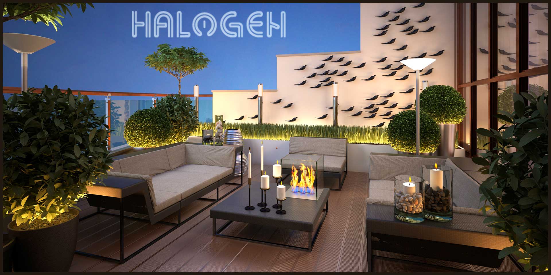 Spoljna rasveta za terase sa elegantnim lampama i nameštajem kao i sa puno zelenila iznad koje piše "Halogen".