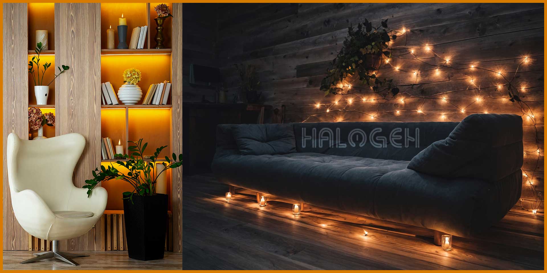 Ukrasne sijalice koje osvetljavaju policu sa knjigama i zid iza troseda.