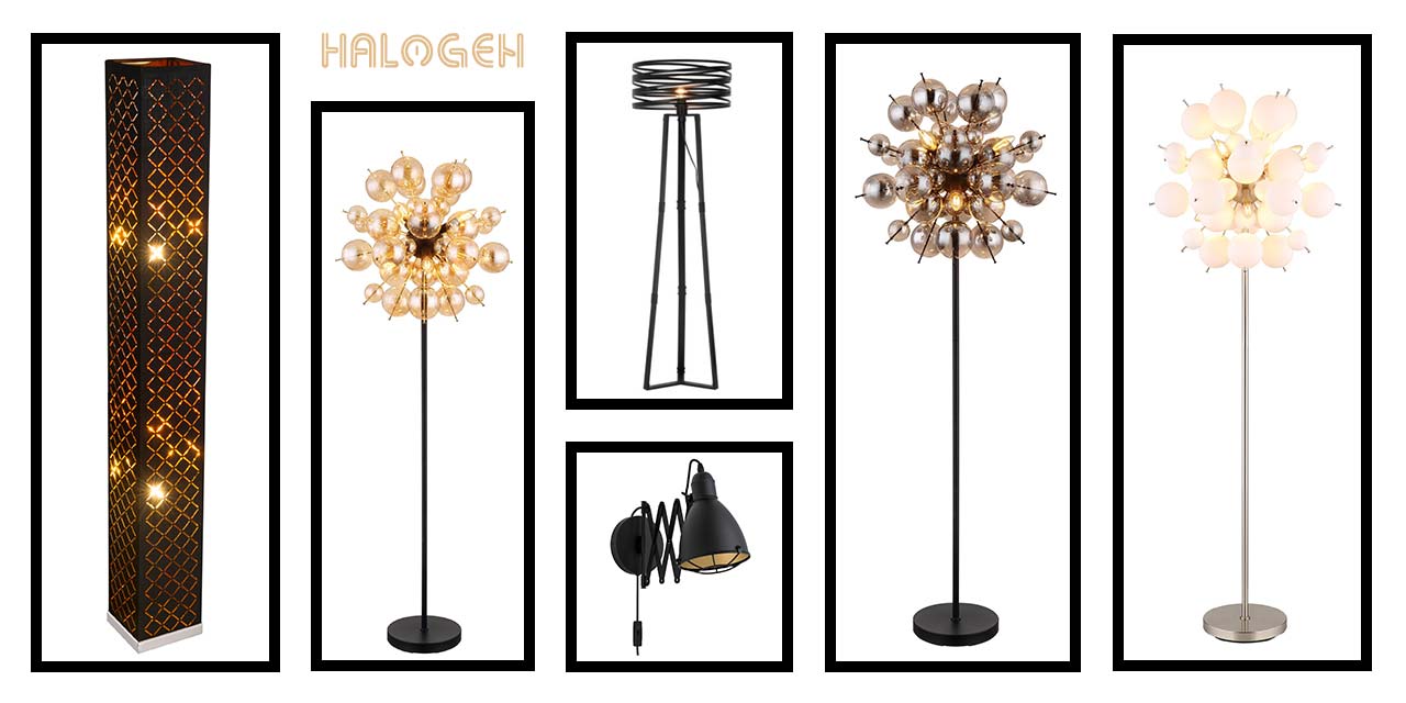 Ukrasne sijalice kao podne lampe i jedna zidna lampa: Globo – Clarke, Udo, Nikl, ELLA i TREBURLEY.