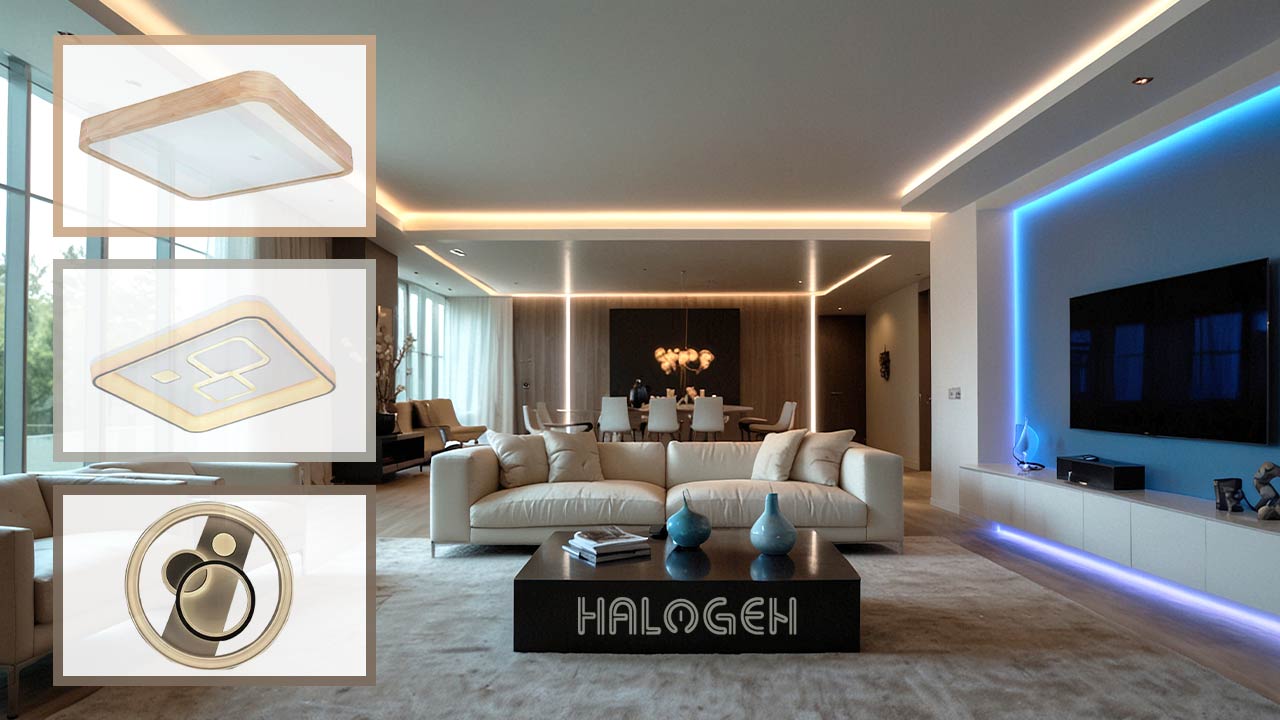 LED plafonjere za dnevnu sobu uz moderno dekorativno osvetljenje iz Halogen prodavnice.